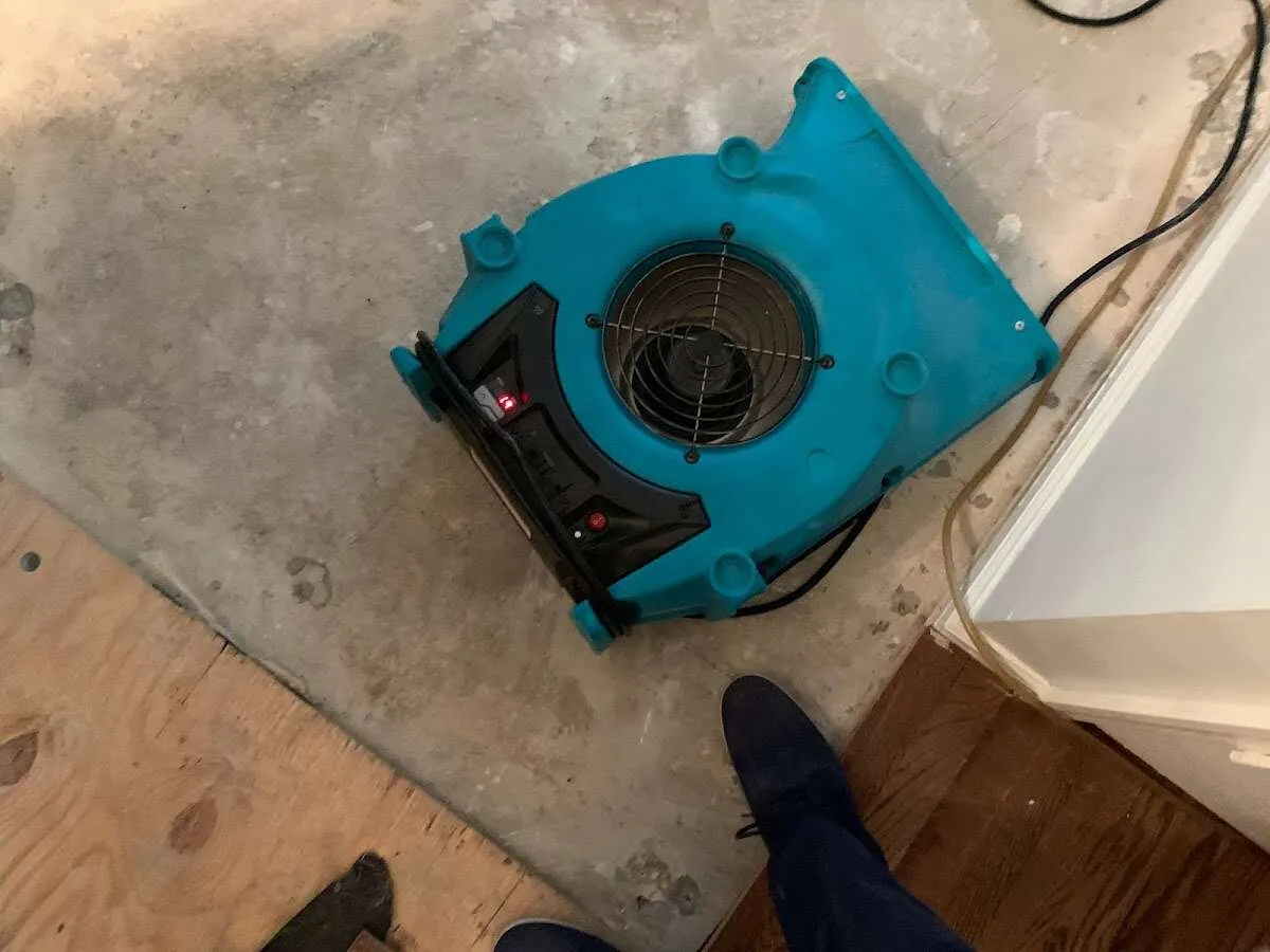 Air mover drying subfloor during Leak Detection & Repair in Hilmar-Irwin